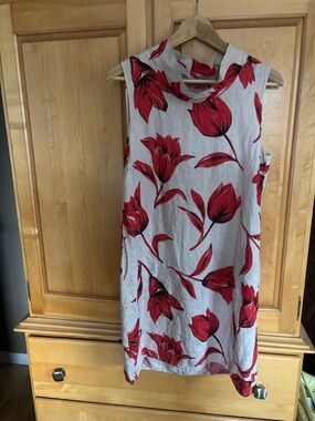 Sleeveless beige Mini Dress with Red and Black Floral Design 100% linen